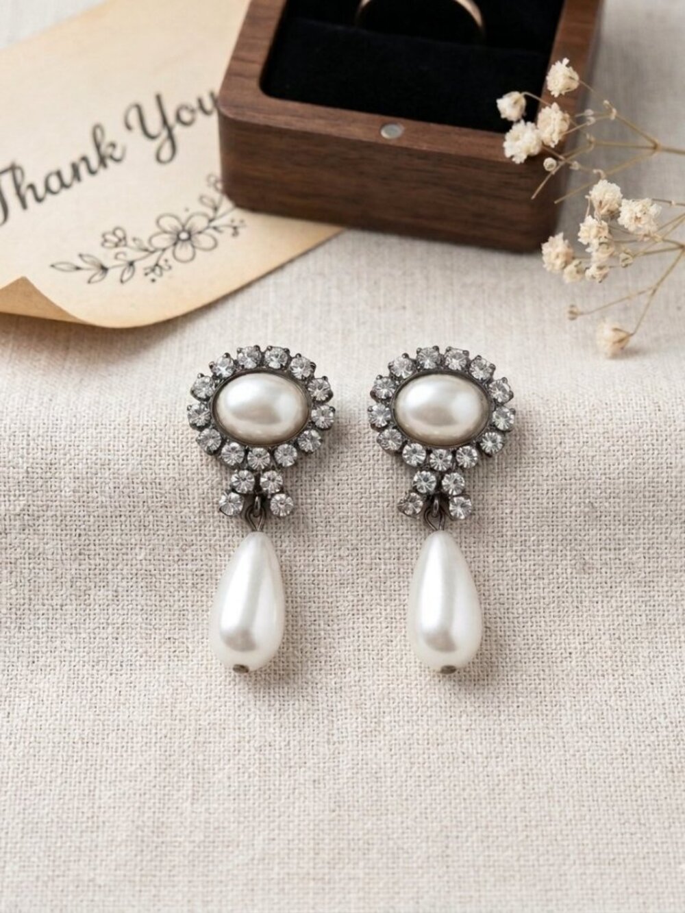 Vintage Crystal Rhinestone Faux Pearl Drop Statement Earrings Excellent